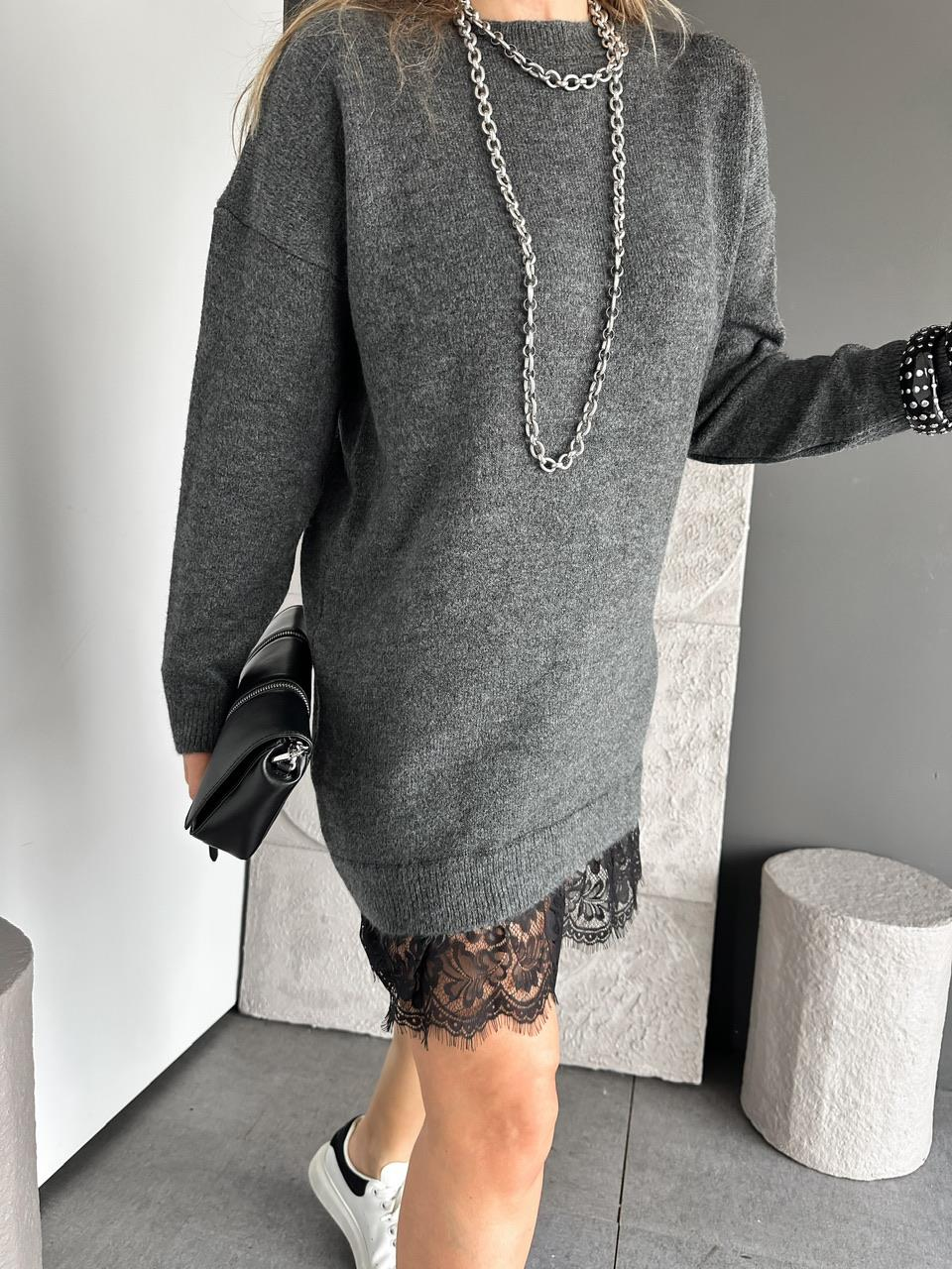 Gri Dantelli Triko Elbise