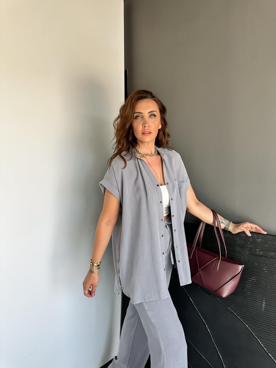 Gri Gömleği Çıtçıtlı Soft Takım
