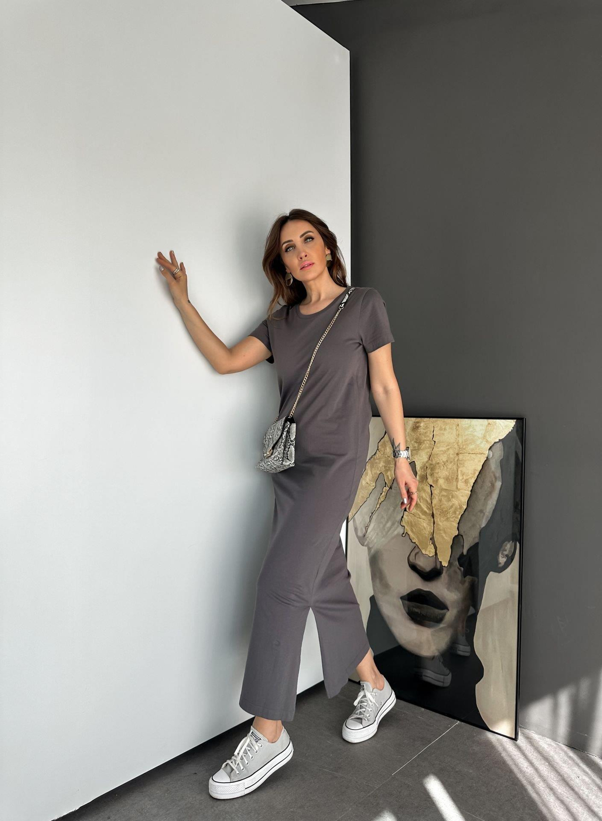 Gri Organic Cotton Yırtmaçlı Elbise