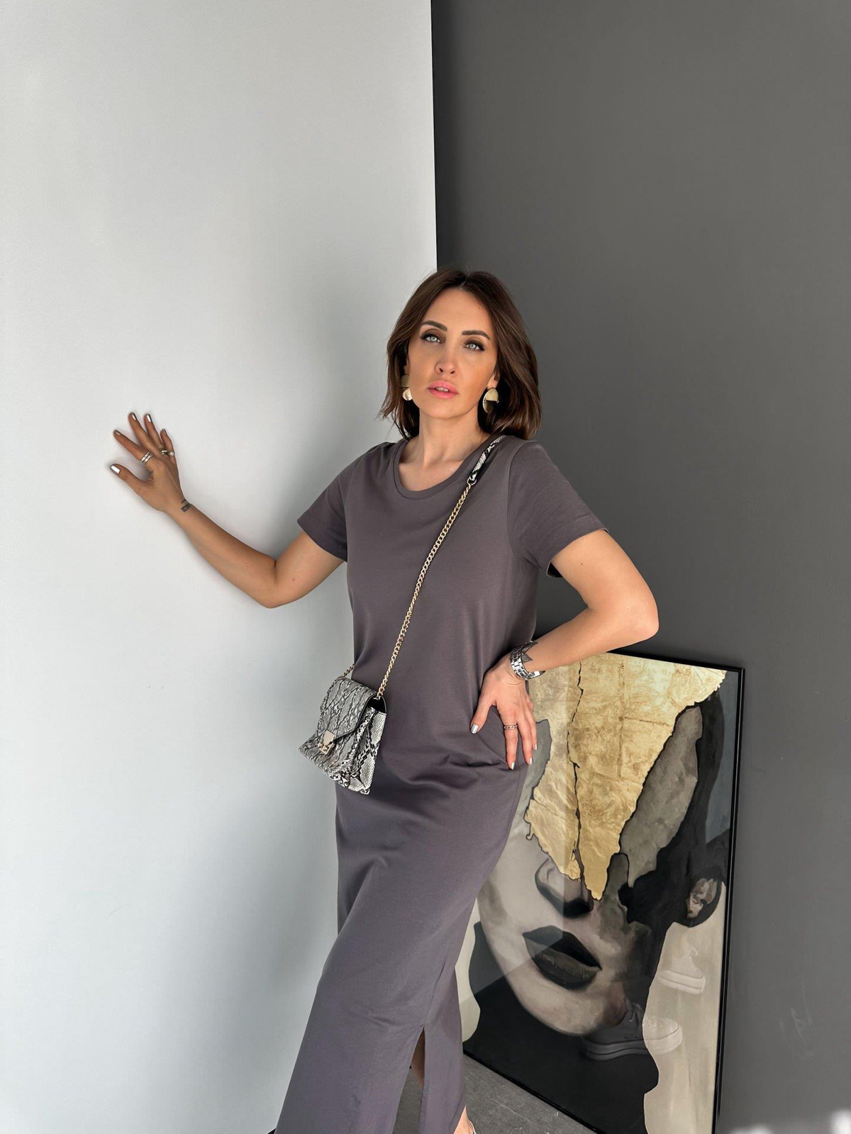 Gri Organic Cotton Yırtmaçlı Elbise
