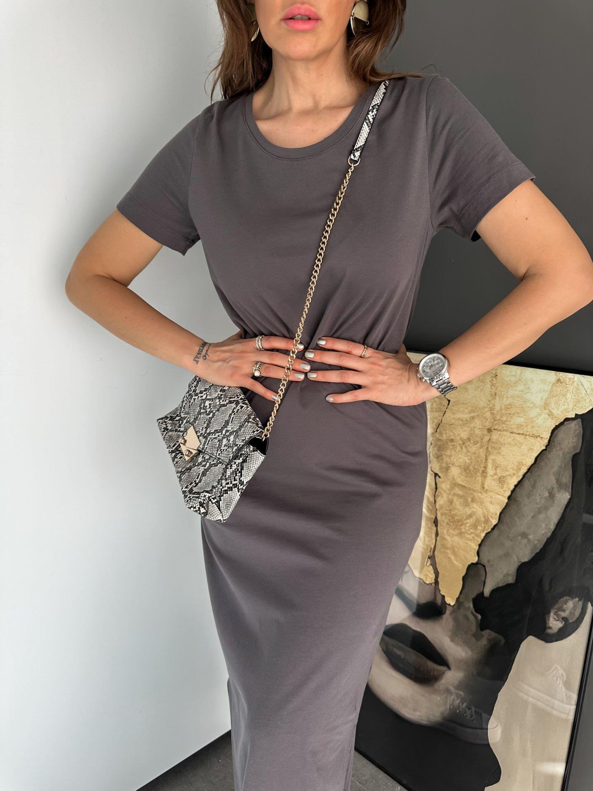 Gri Organic Cotton Yırtmaçlı Elbise
