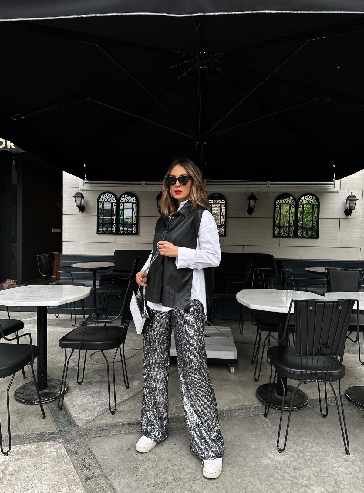 Gri Payetli Beli Lastikli Pantolon