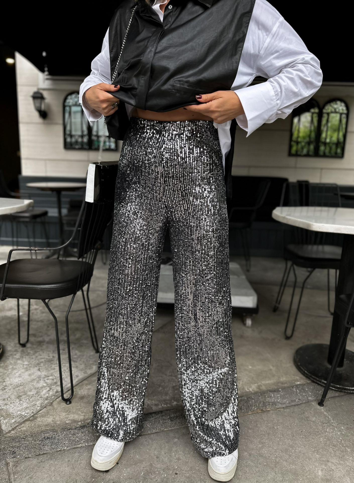 Gri Payetli Beli Lastikli Pantolon