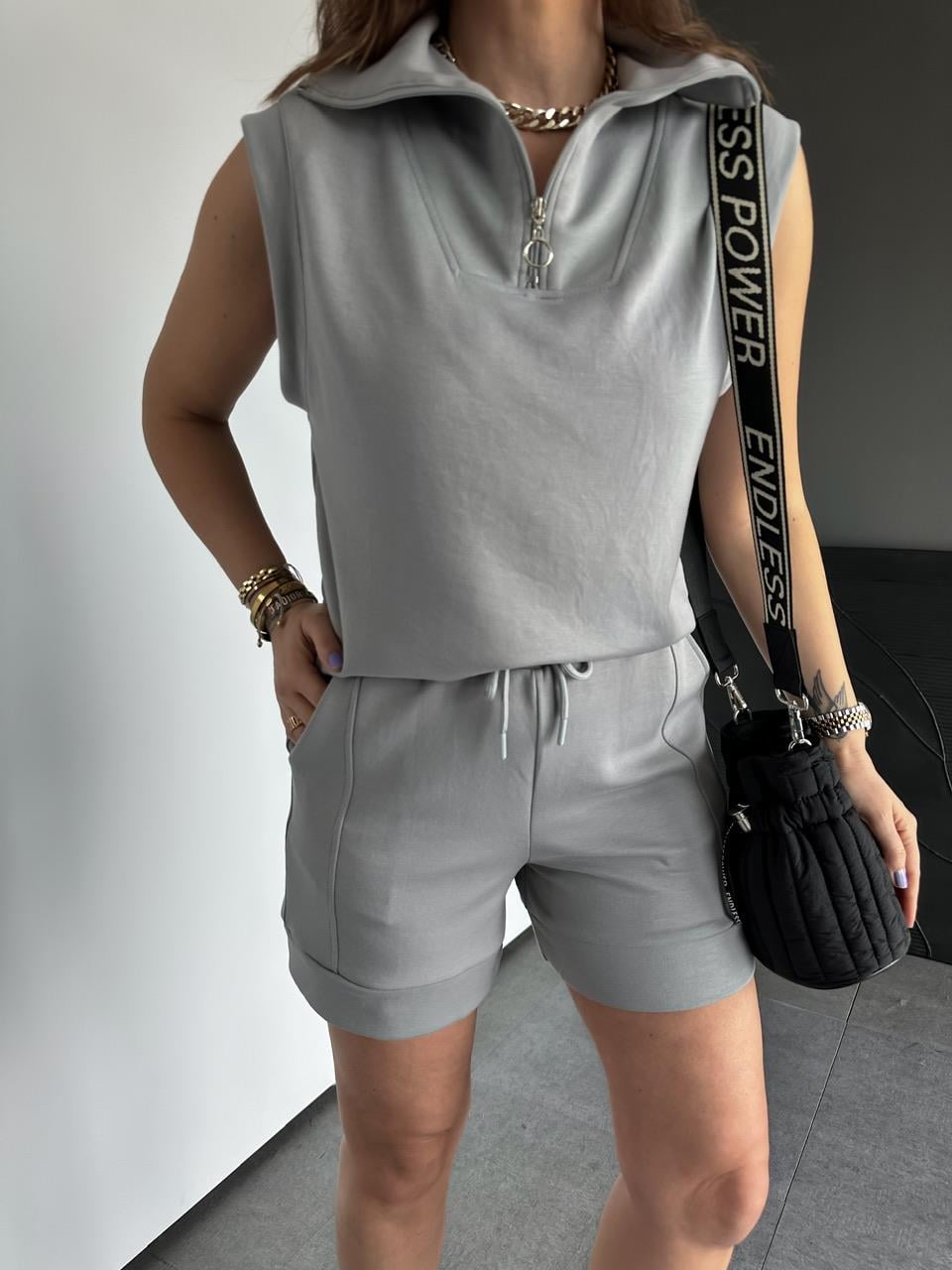 Gri Polo Yaka Şortlu Modal Takım
