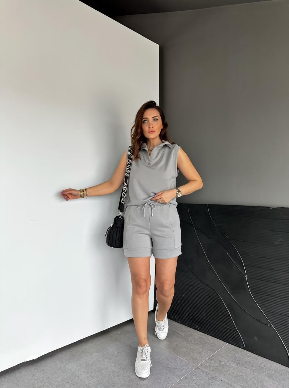 Gri Polo Yaka Şortlu Modal Takım