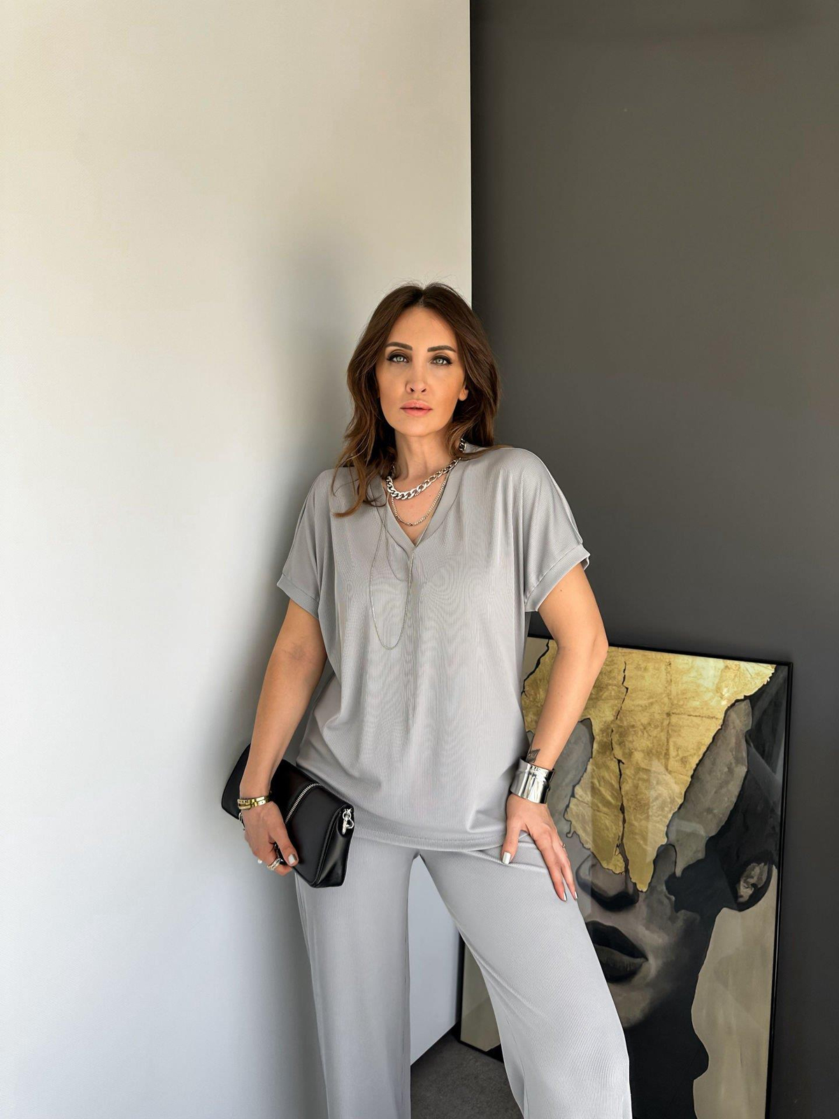 Gri  V Yaka Likralı Pamuk Takım