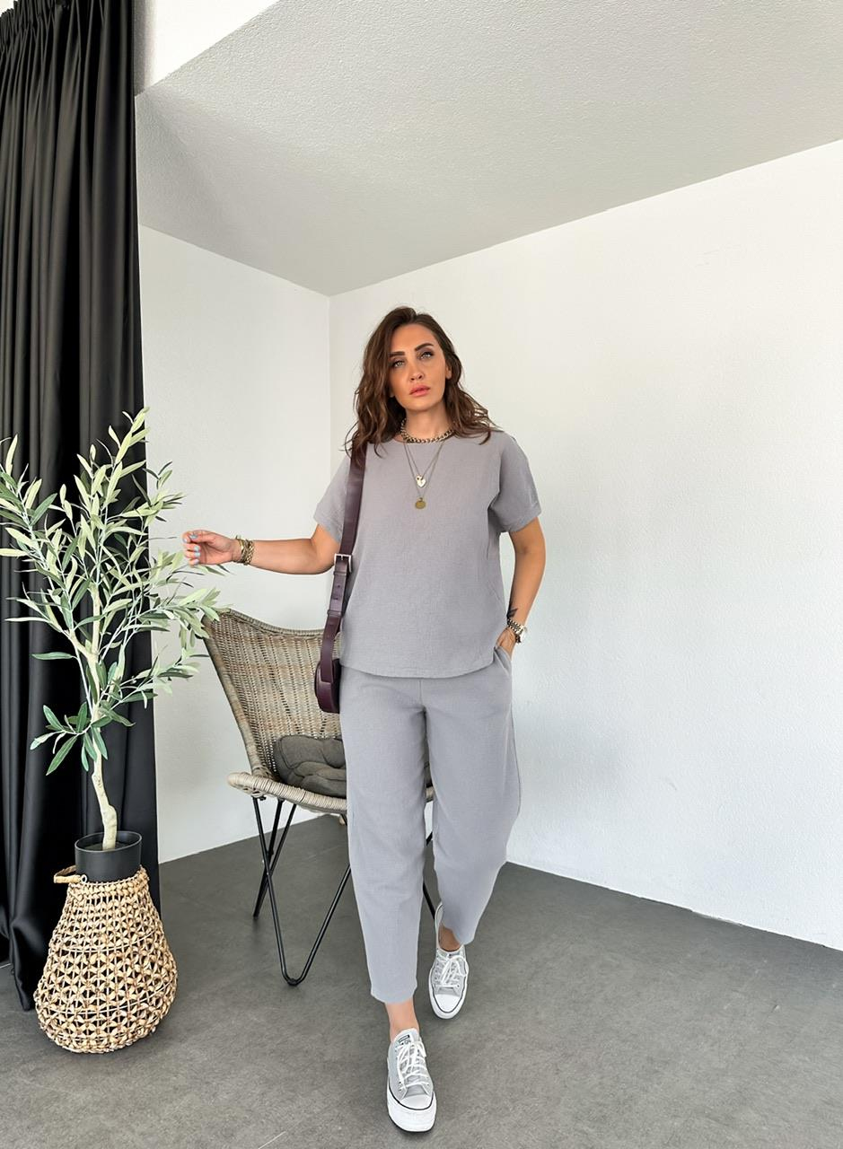 Gri Yarasa Kollu Naturel Takım