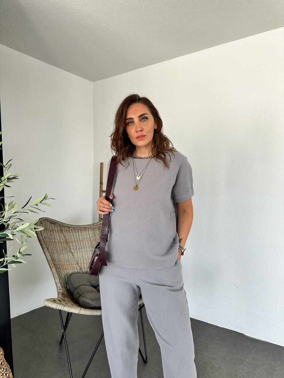 Gri Yarasa Kollu Naturel Takım