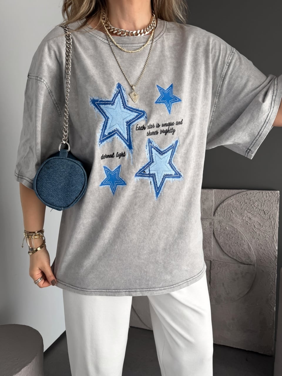 Gri Yıldız Baskılı Tshirt
