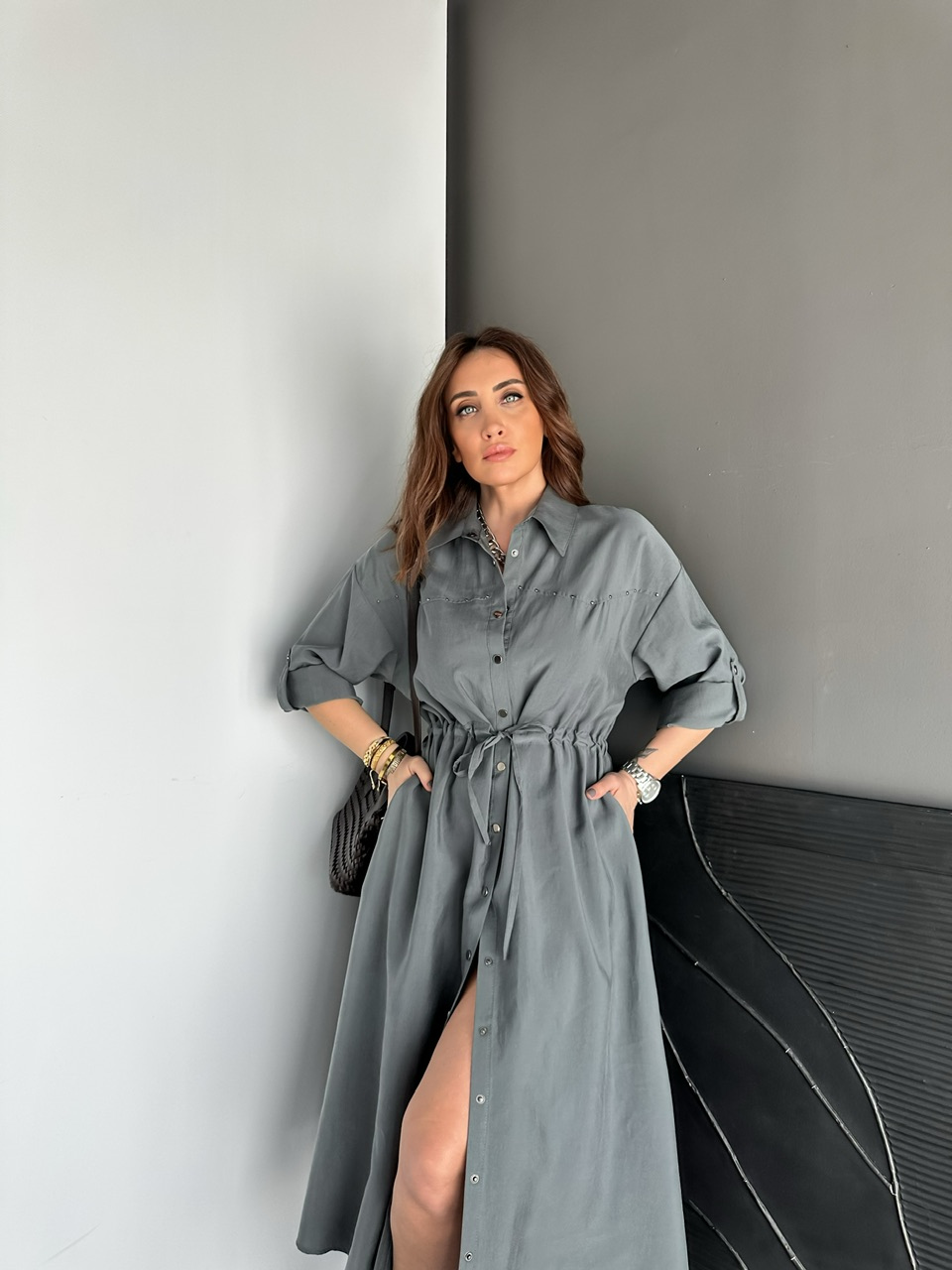 Gri Zımbalı Beli İpli Tasarım Elbise