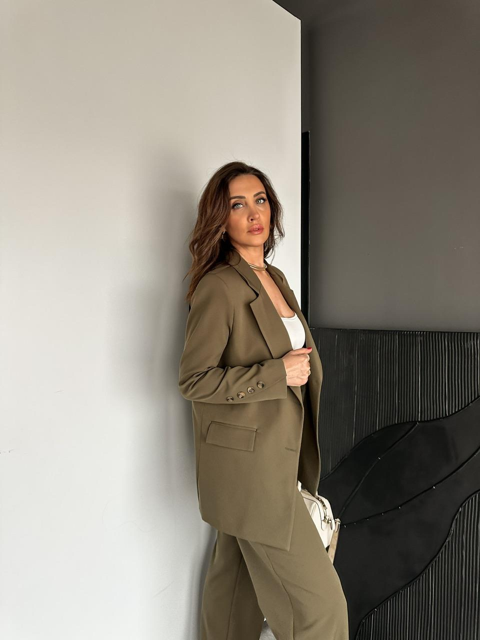 Haki Asimetrik Düğmeli Şık Takım