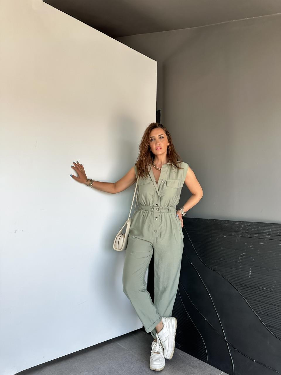 Haki Beli Lastikli Safari Soft Tulum