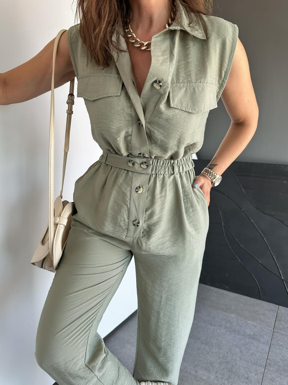 Haki Beli Lastikli Safari Soft Tulum