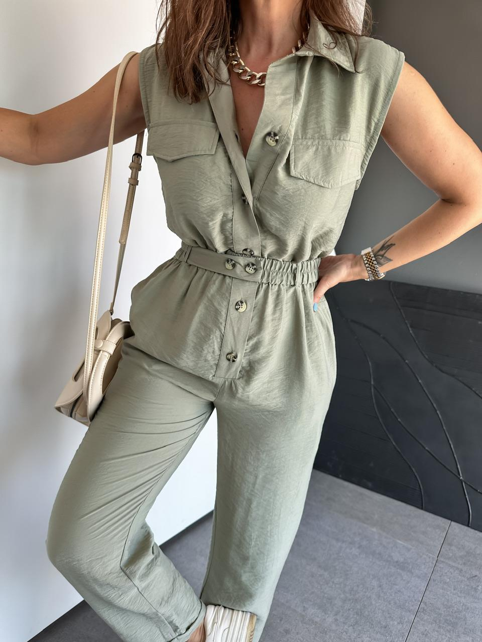 Haki Beli Lastikli Safari Soft Tulum