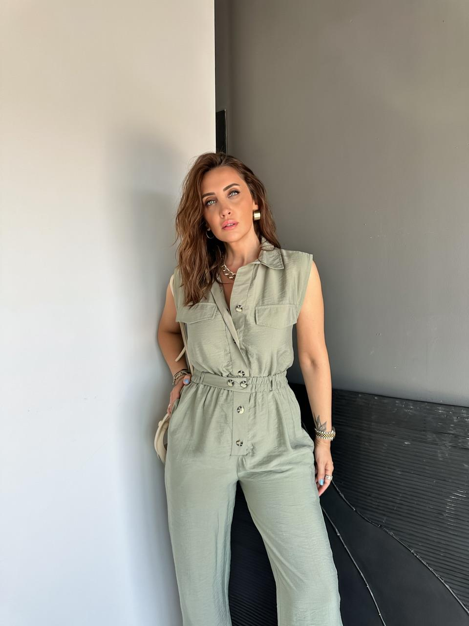 Haki Beli Lastikli Safari Soft Tulum