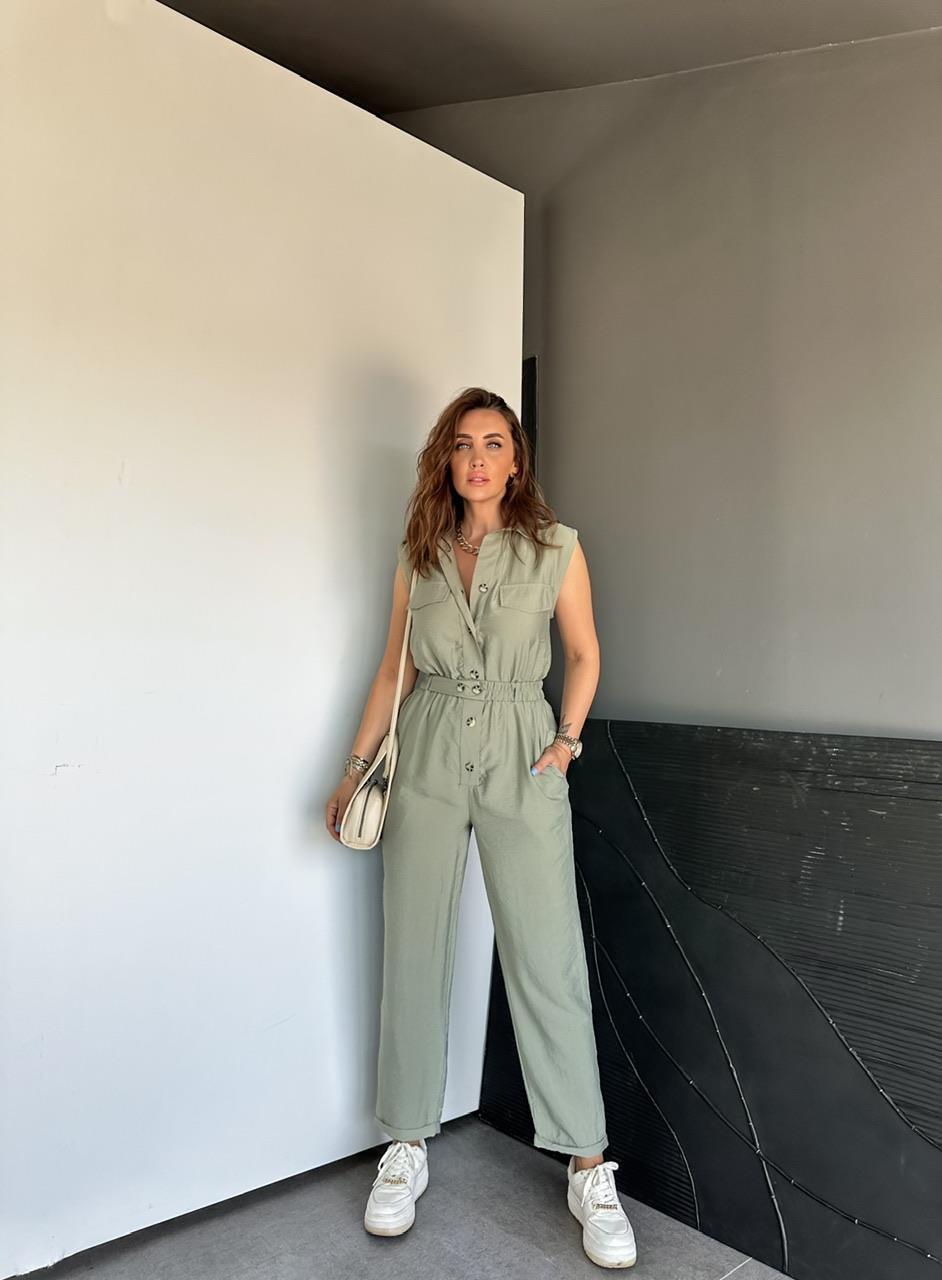 Haki Beli Lastikli Safari Soft Tulum