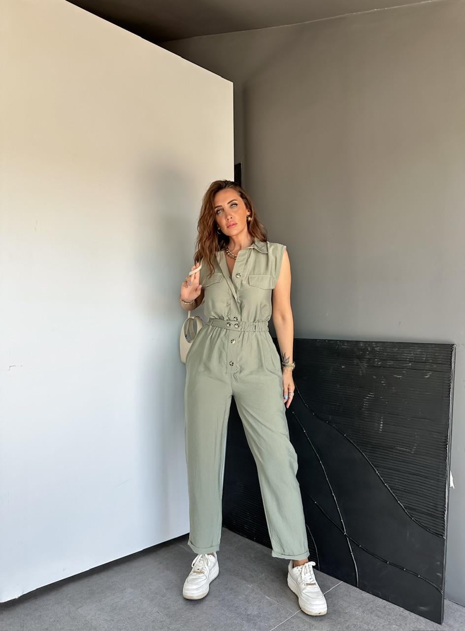 Haki Beli Lastikli Safari Soft Tulum
