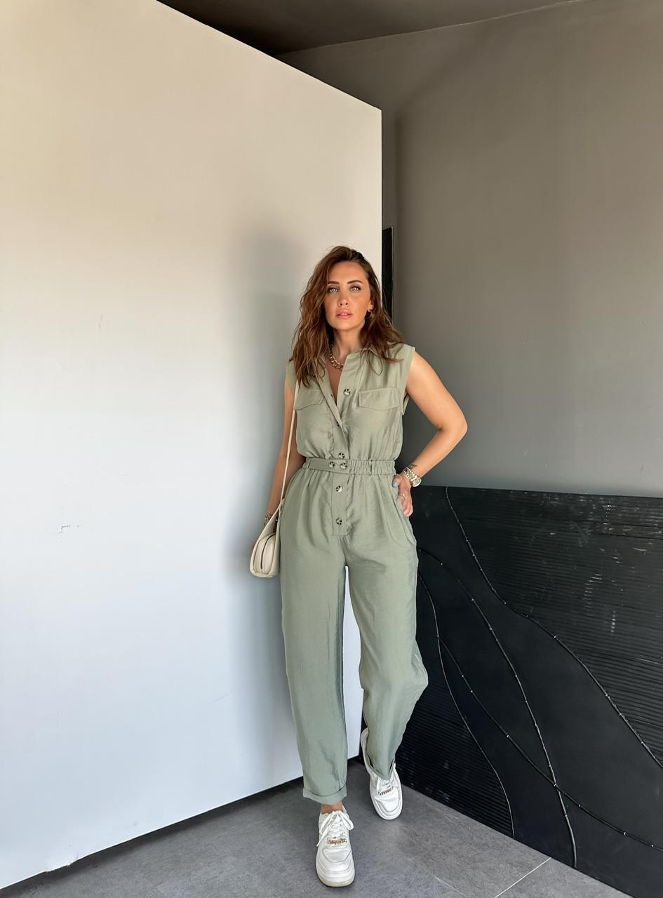 Haki Beli Lastikli Safari Soft Tulum