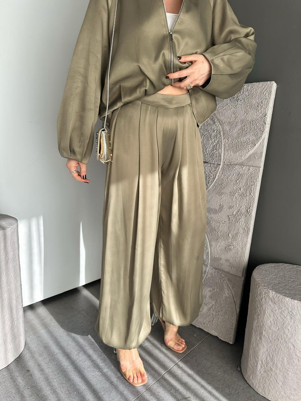 Haki Cekte Şalvar Pantolon Saten Takım