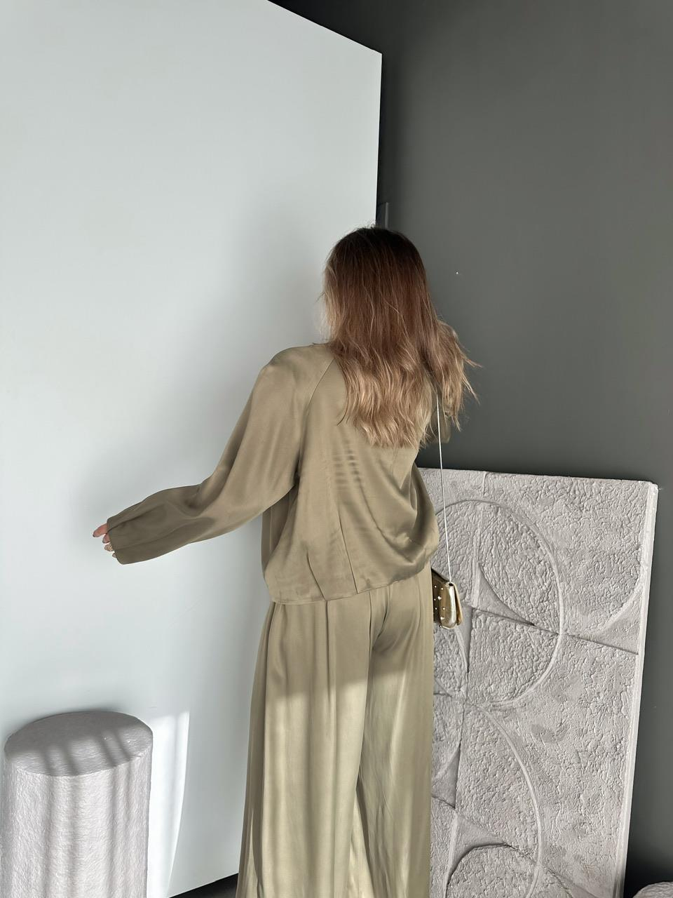 Haki Cekte Şalvar Pantolon Saten Takım