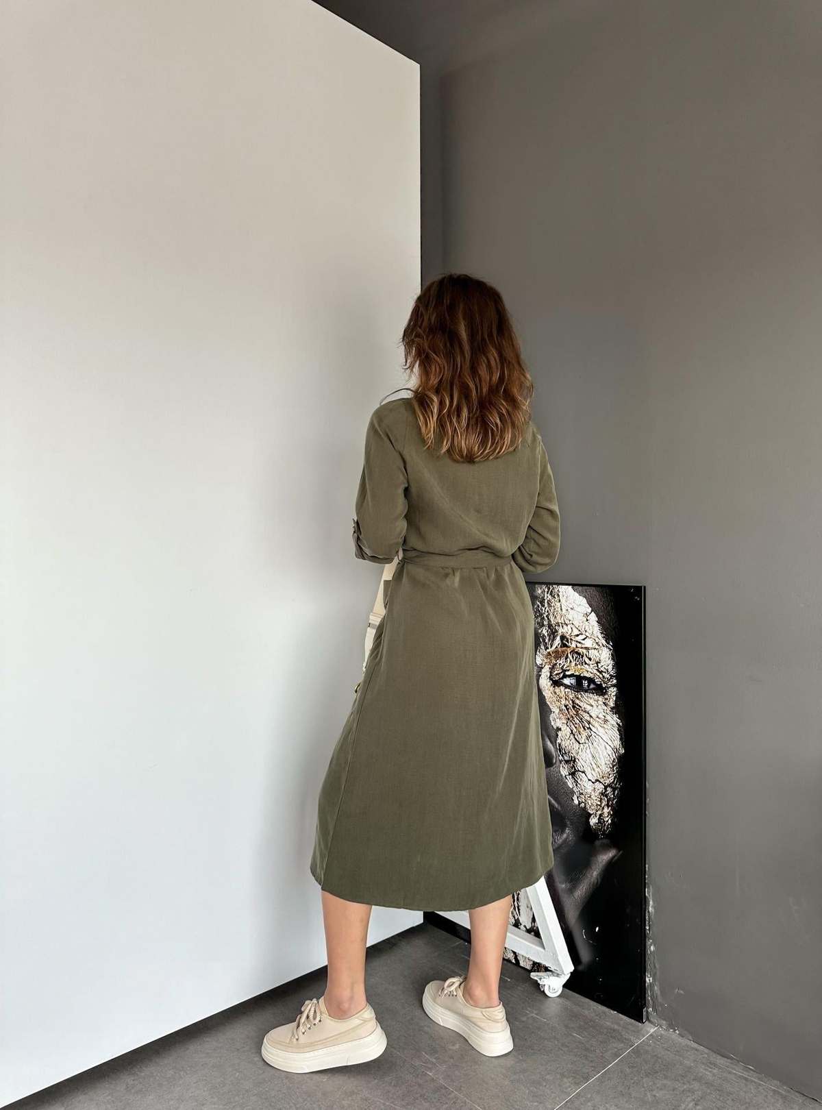 Haki Düğmeli Kuşaklı Cotton Elbise
