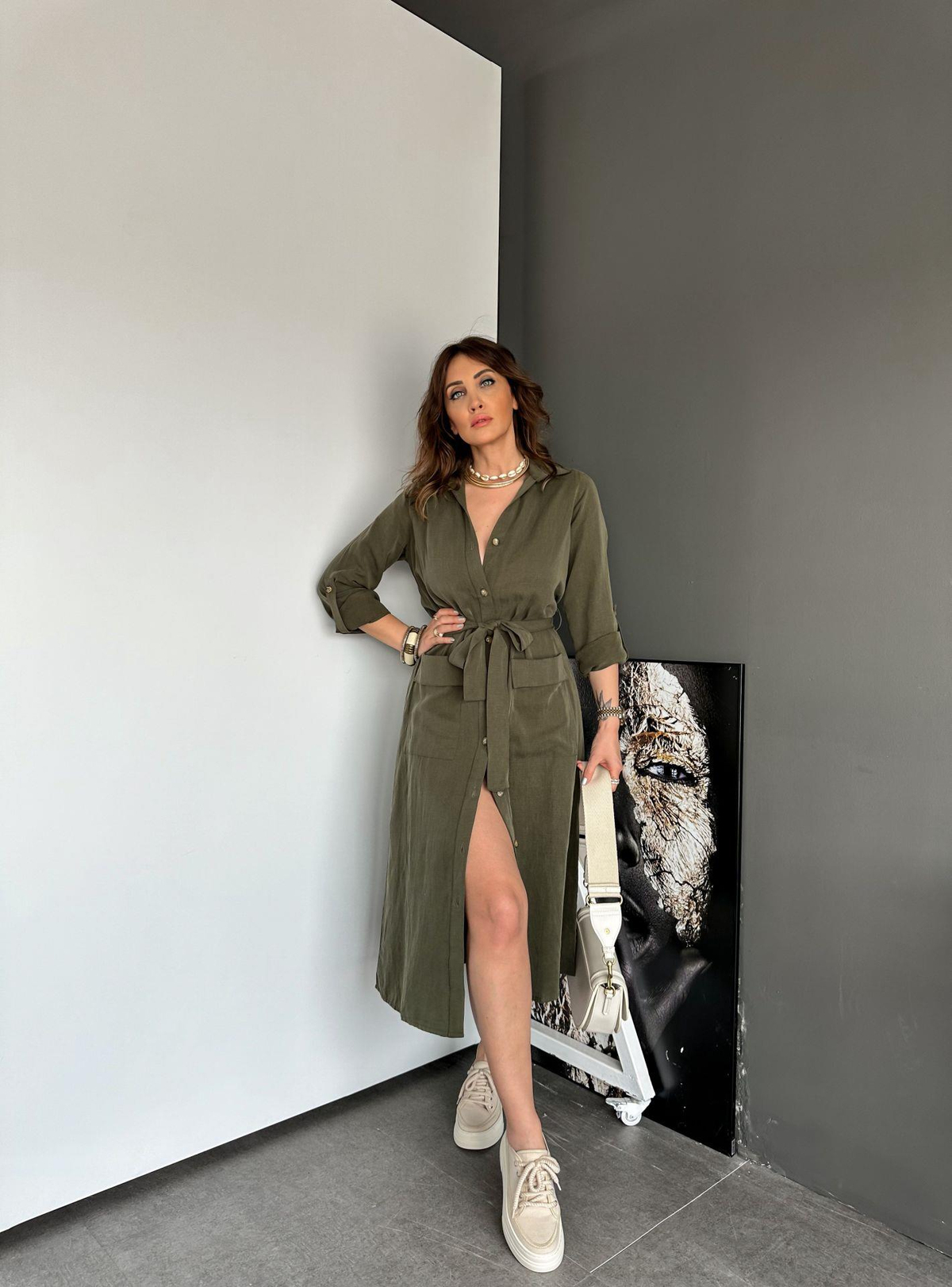 Haki Düğmeli Kuşaklı Cotton Elbise