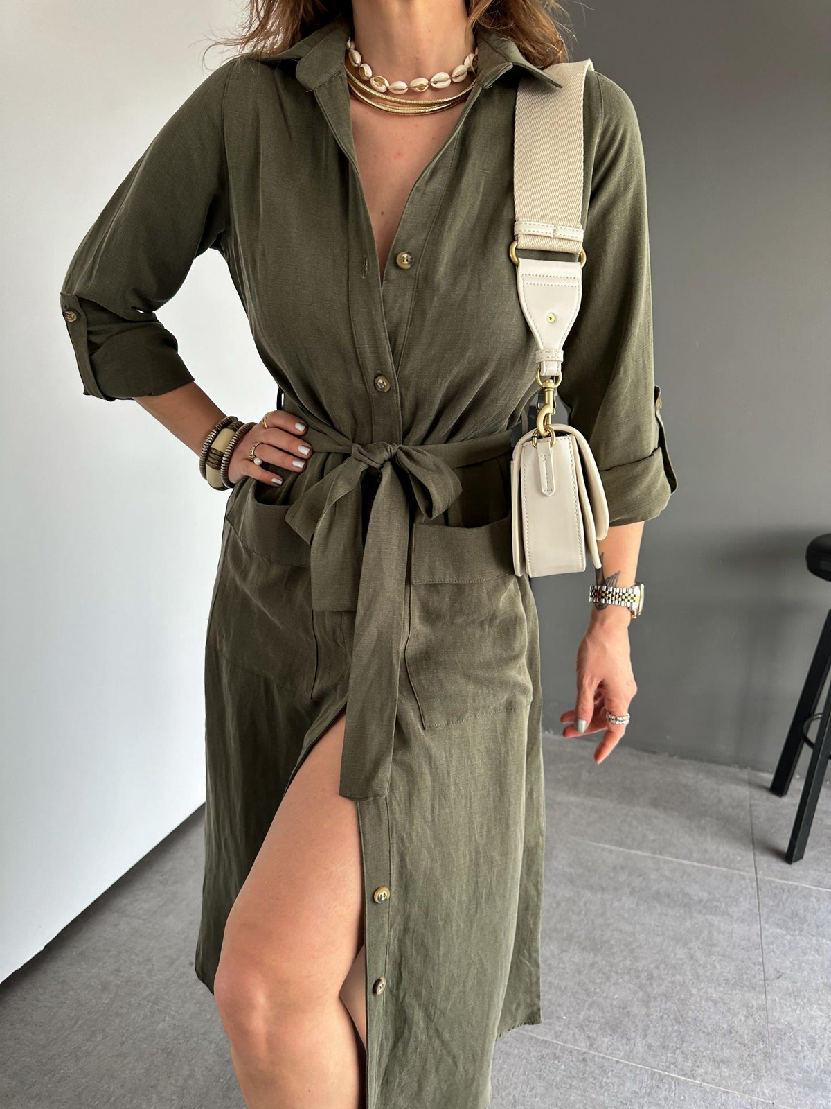 Haki Düğmeli Kuşaklı Cotton Elbise
