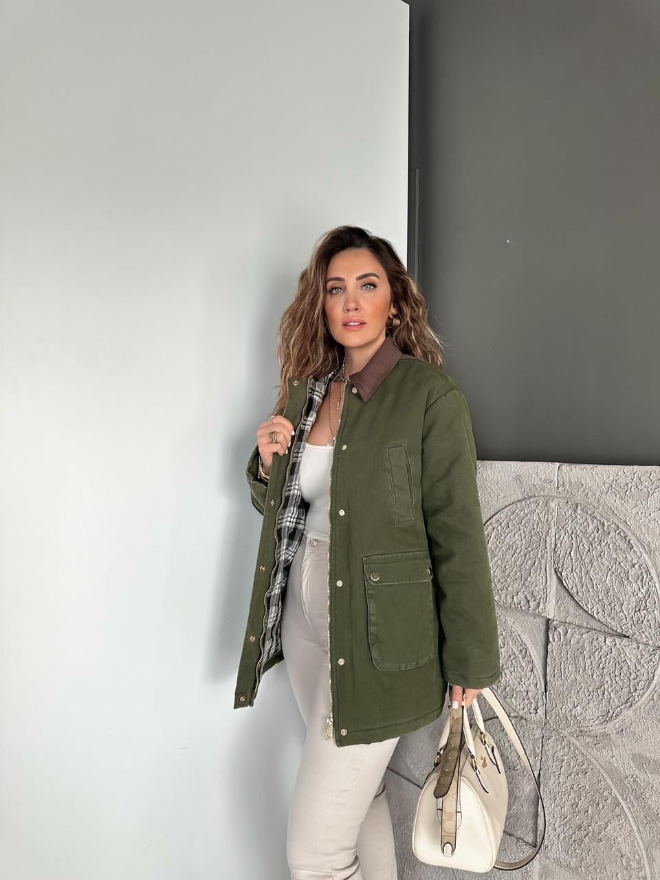 Haki Ekose Astarlı Safari Mont