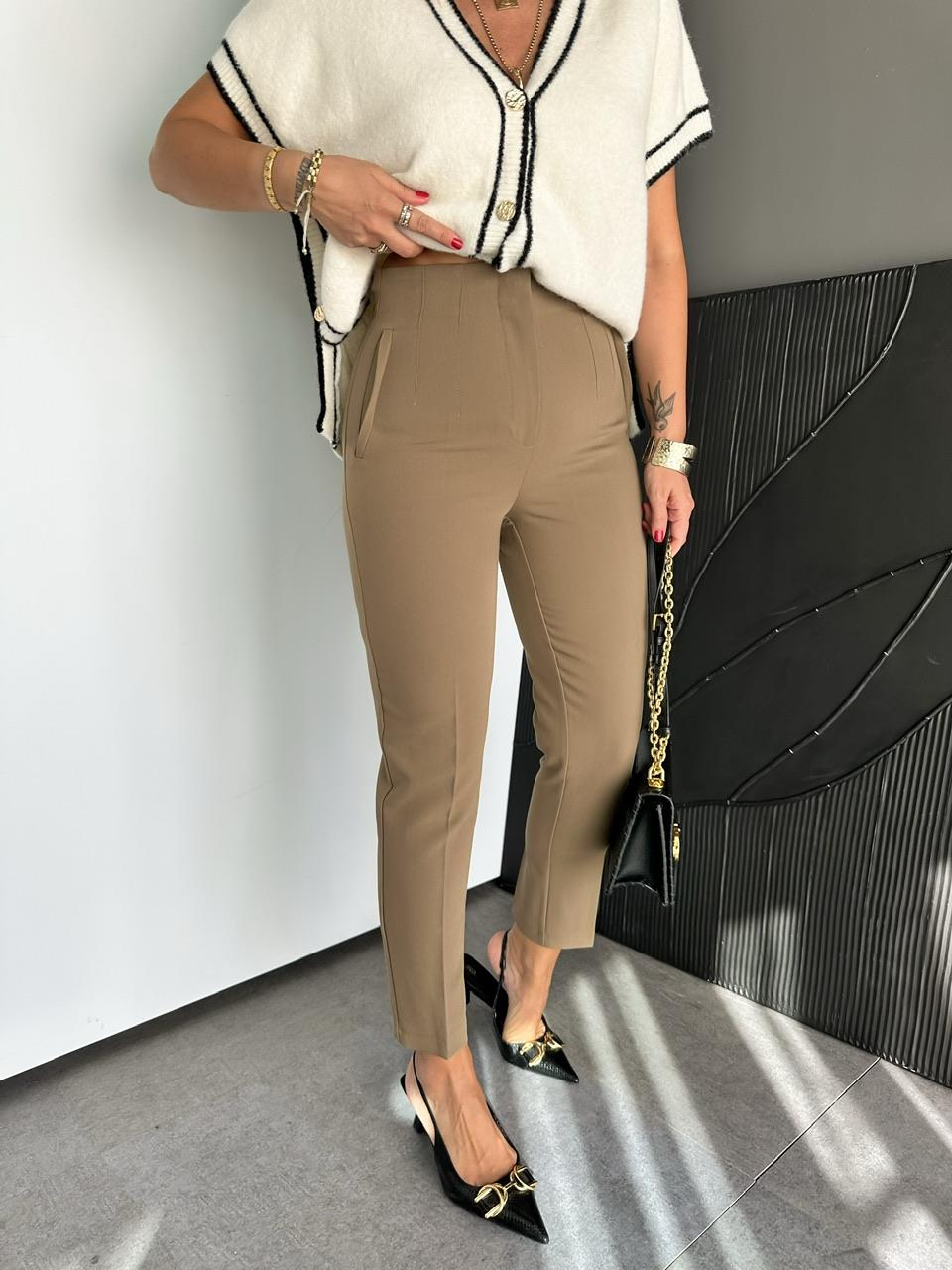 Haki Fileto Detaylı Kumaş Pantolon