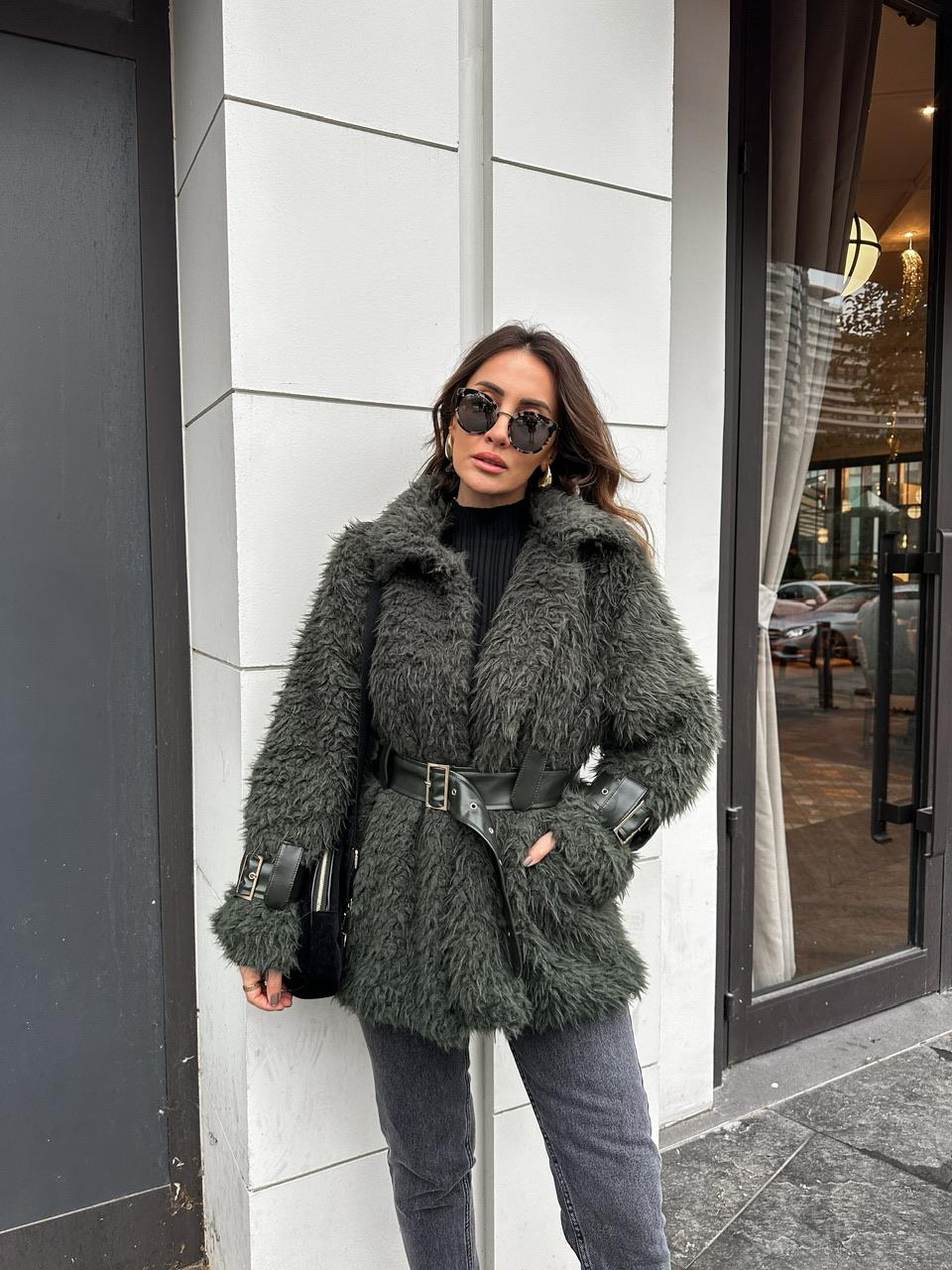 Haki Kemerli Tasarım Peluş Kürk