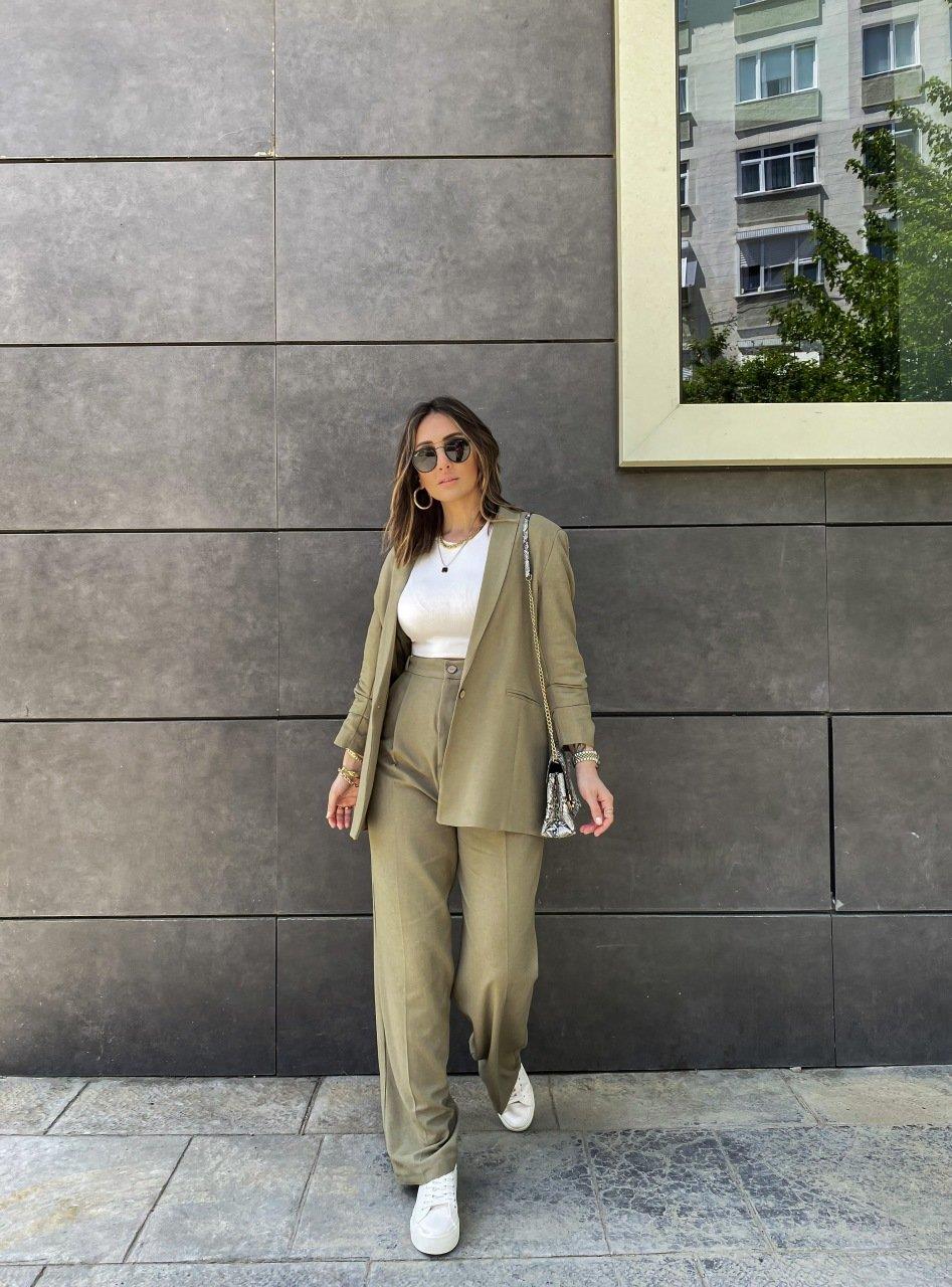 Haki Keten Yüksek Bel Pantolon