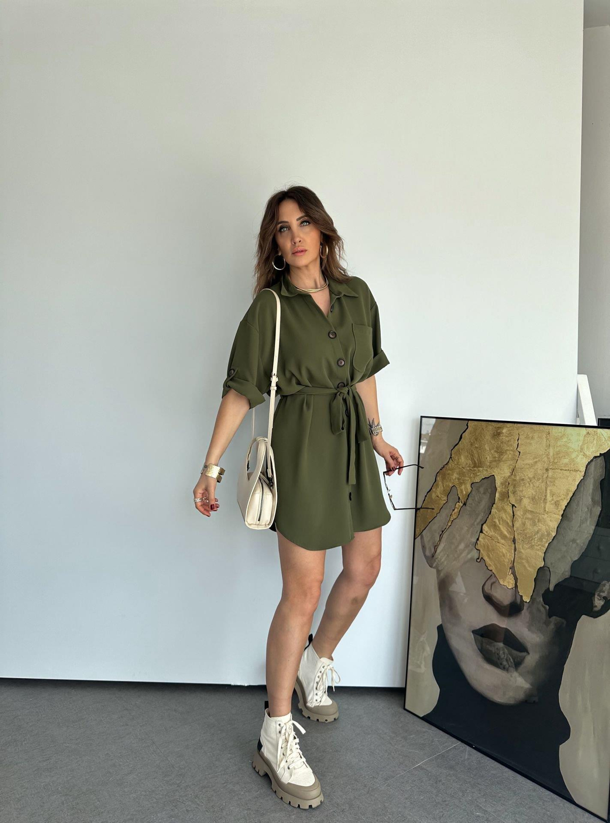 Haki Manşetli Safari Elbise