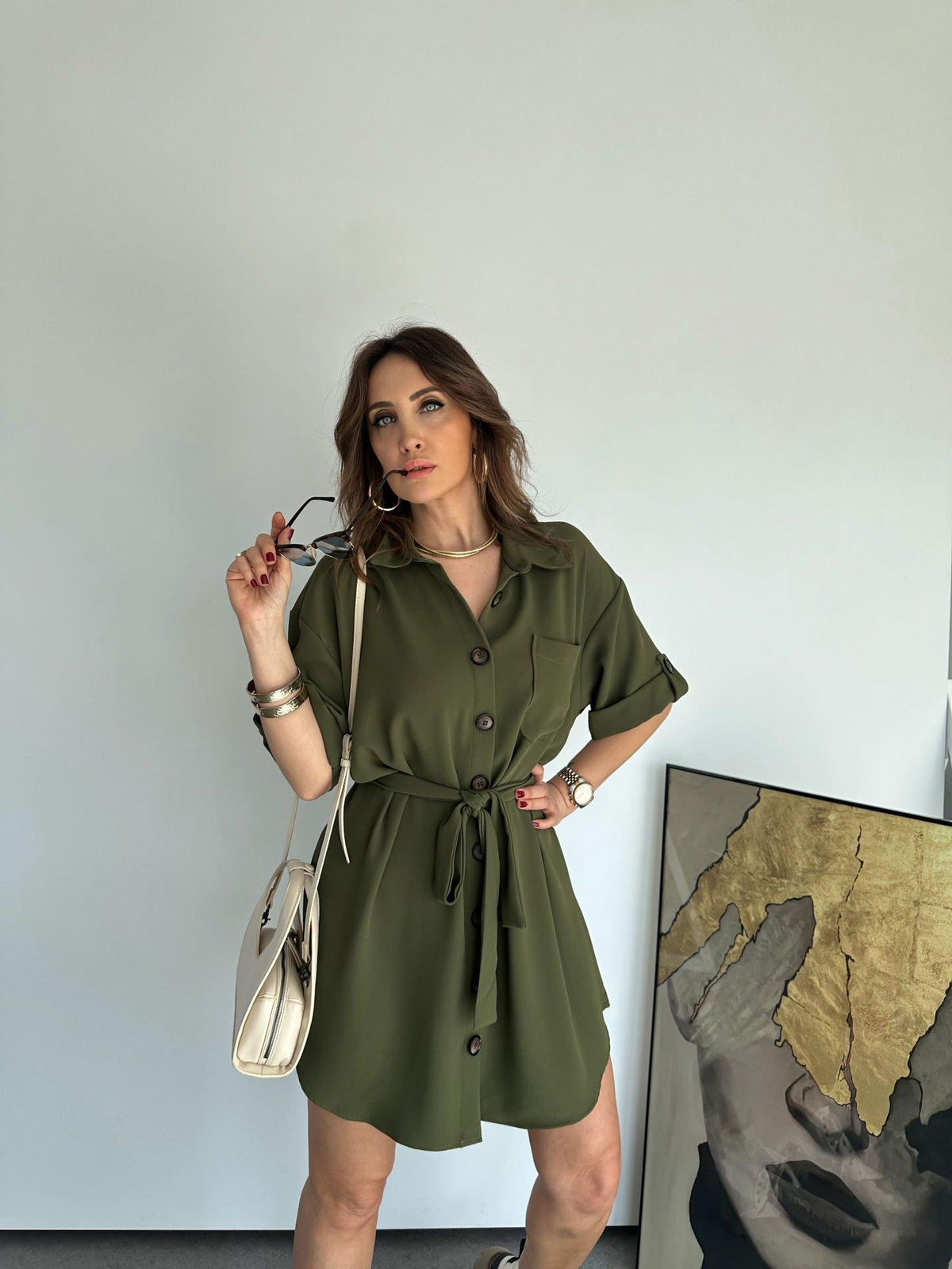 Haki Manşetli Safari Elbise