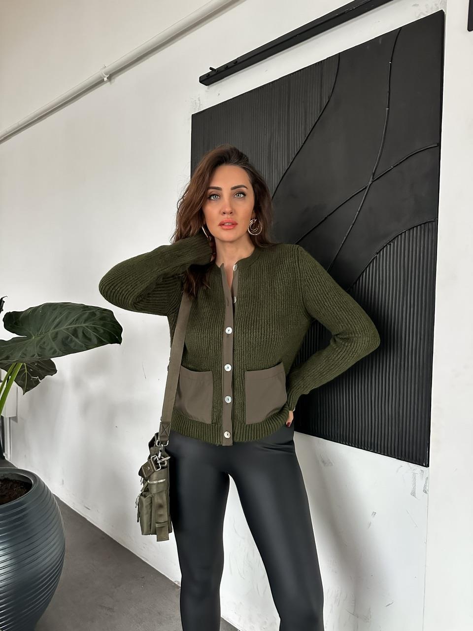 Haki Paraşüt Detaylı Cepli Hırka 