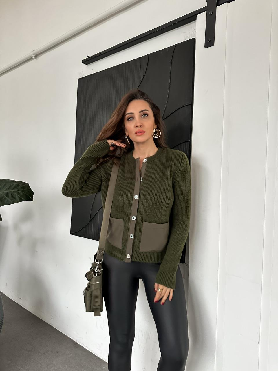 Haki Paraşüt Detaylı Cepli Hırka 