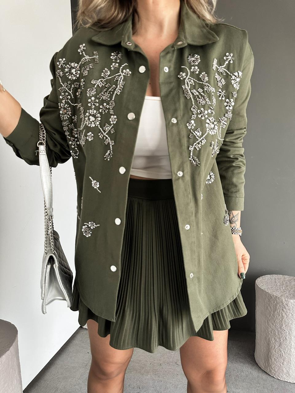 Haki Pul Payet İşlemeli Gabardin Ceket