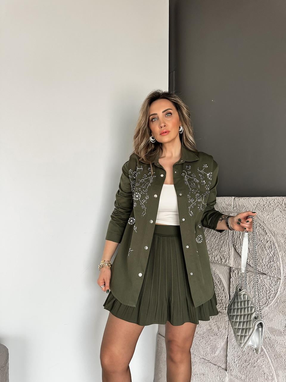 Haki Pul Payet İşlemeli Gabardin Ceket