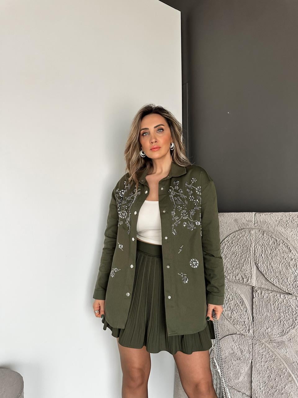 Haki Pul Payet İşlemeli Gabardin Ceket
