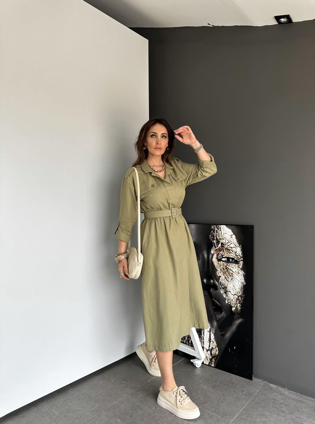 Haki Safari Beli Kemerli Keten Elbise