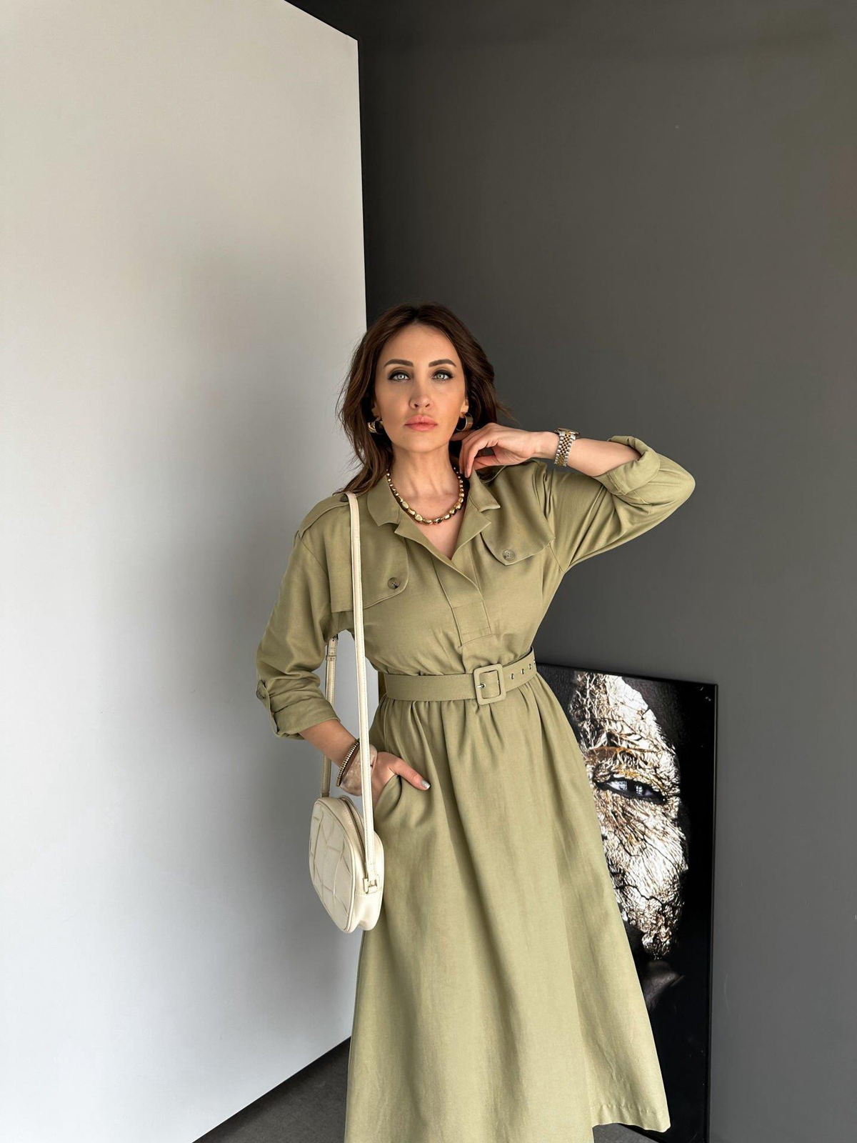 Haki Safari Beli Kemerli Keten Elbise