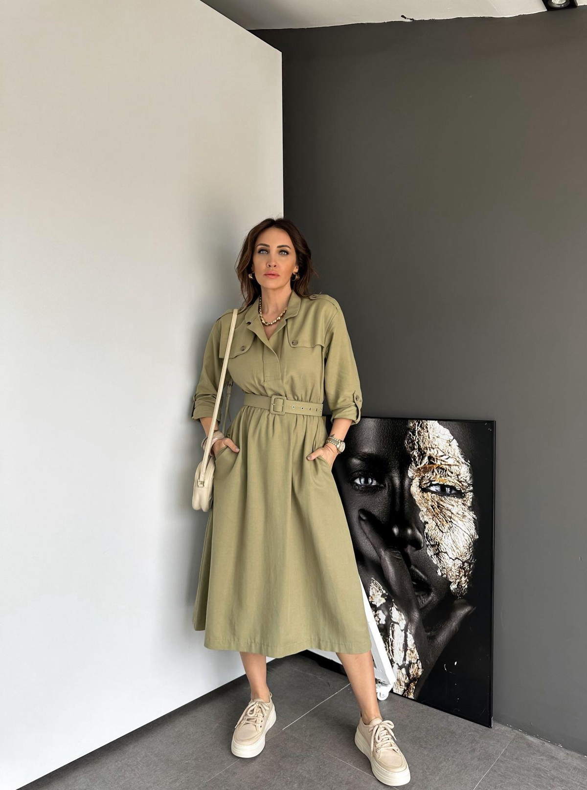 Haki Safari Beli Kemerli Keten Elbise