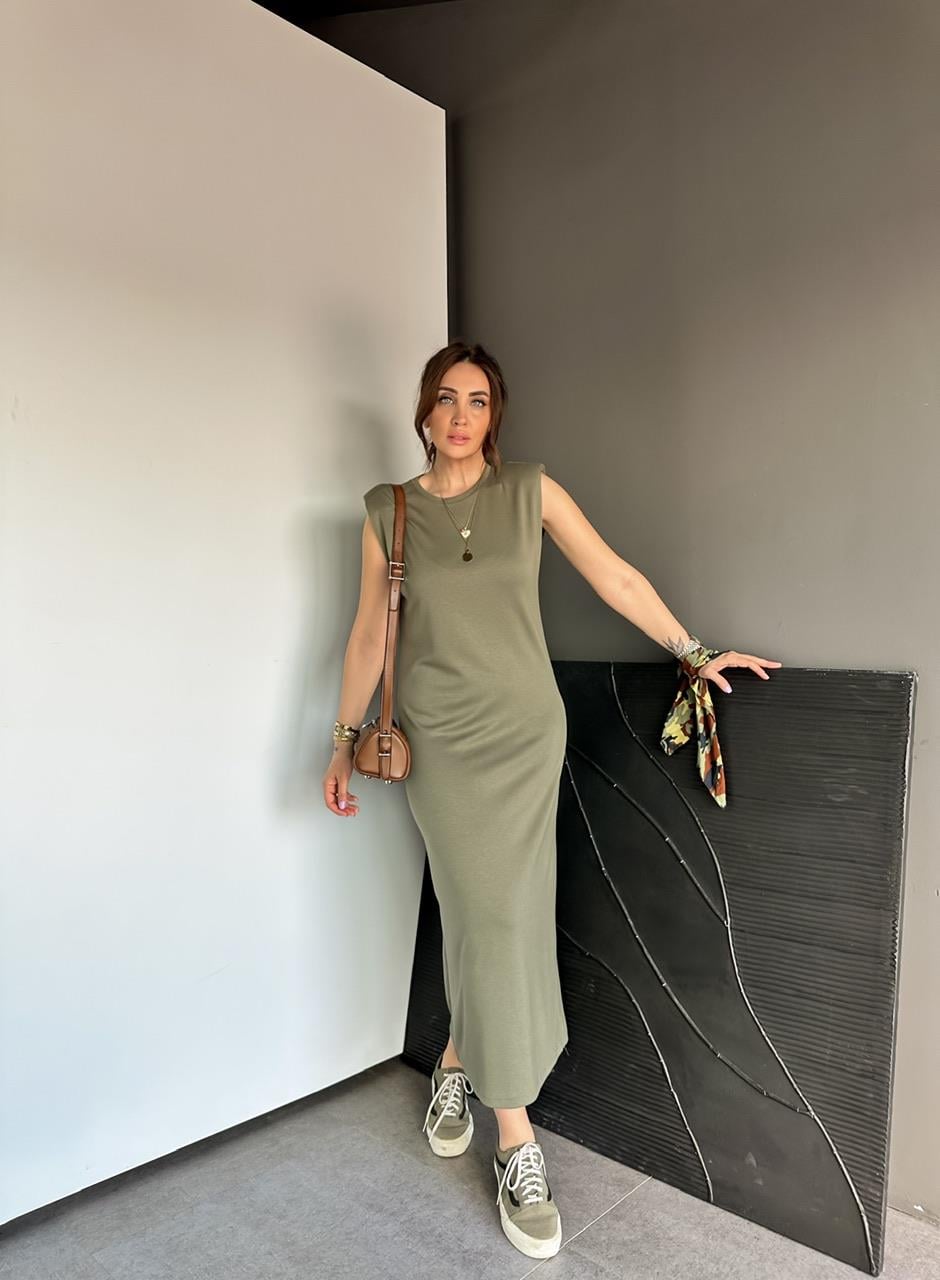 Haki Vatkalı Likralı Basic Elbise