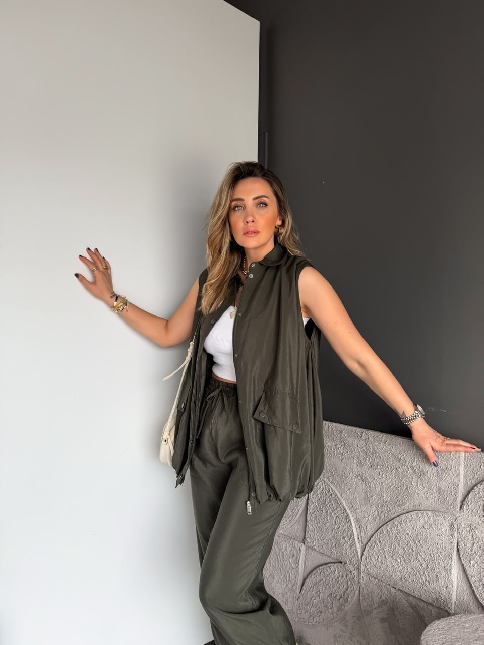 Haki Yelek Pantolon Paçası Lastikli Takım
