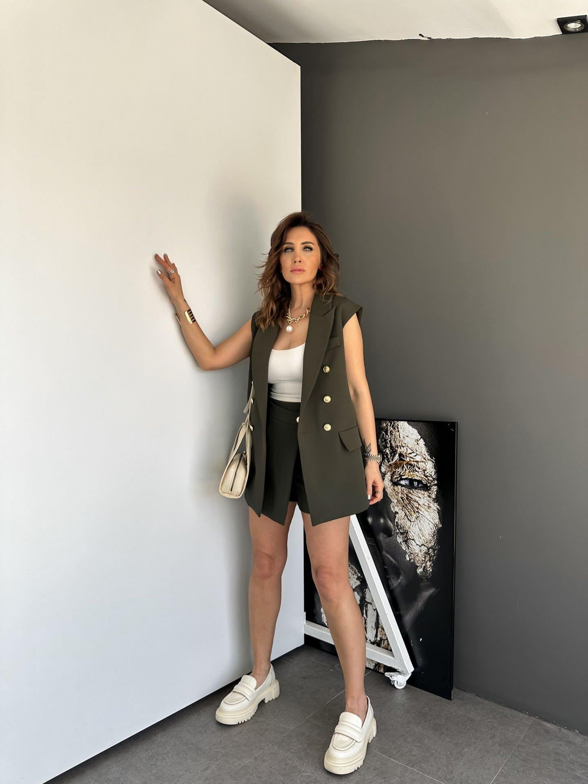 Haki Yelekli Şort Etekli Takım