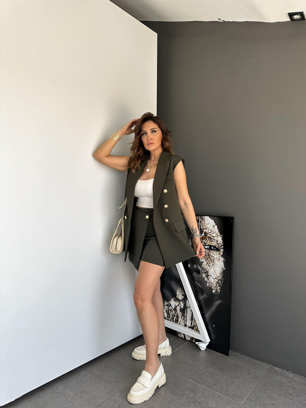 Haki Yelekli Şort Etekli Takım