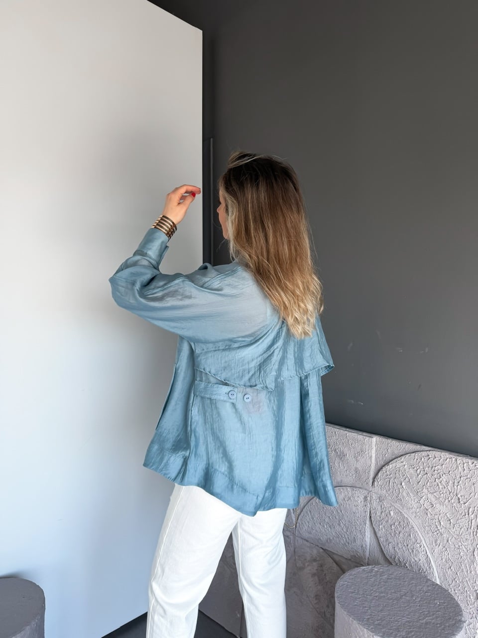 İndigo Mavi Yarasa Kol Oversize Gömlek