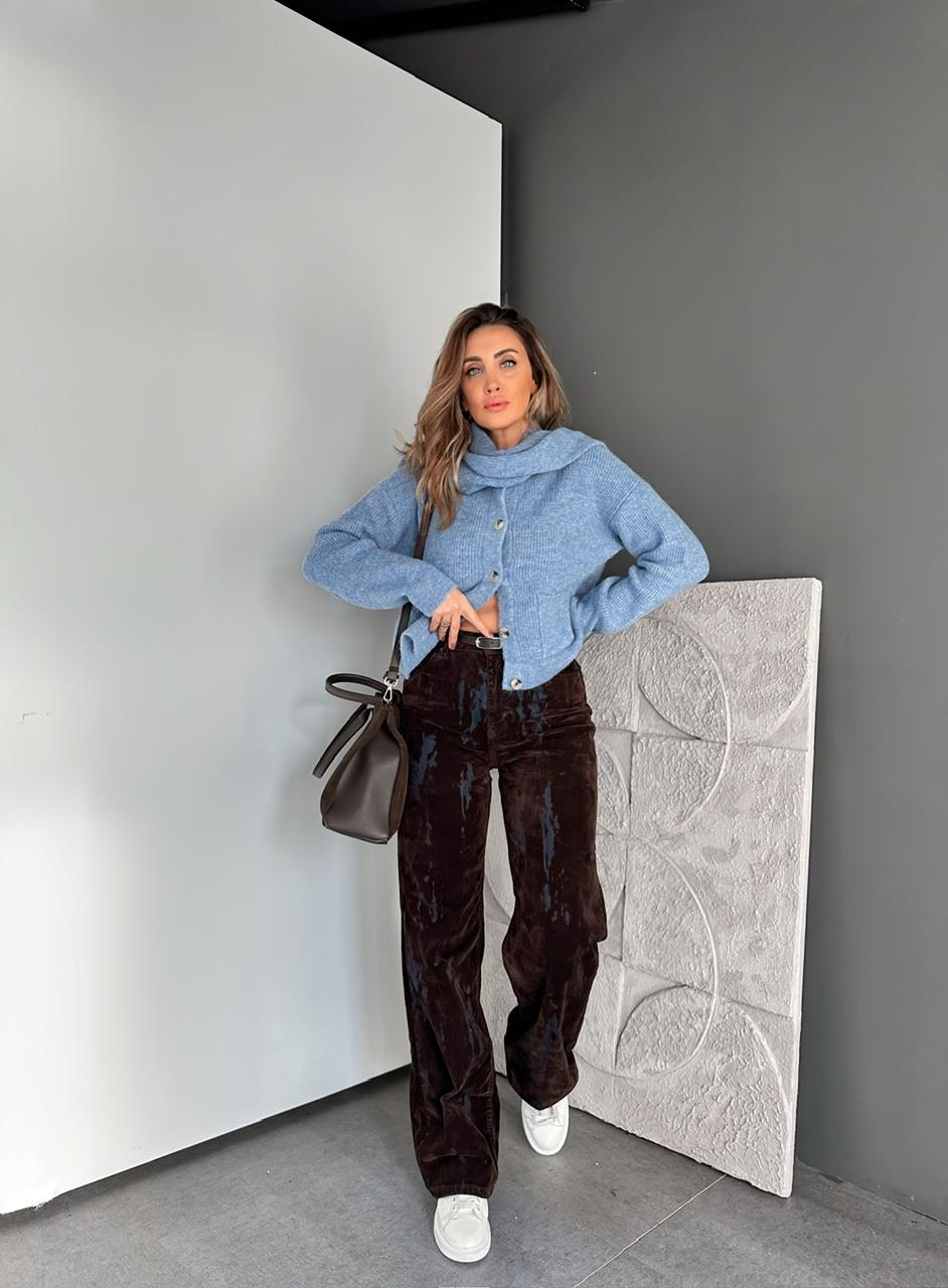 Kahve Batik Desen Likralı Süet Pantolon