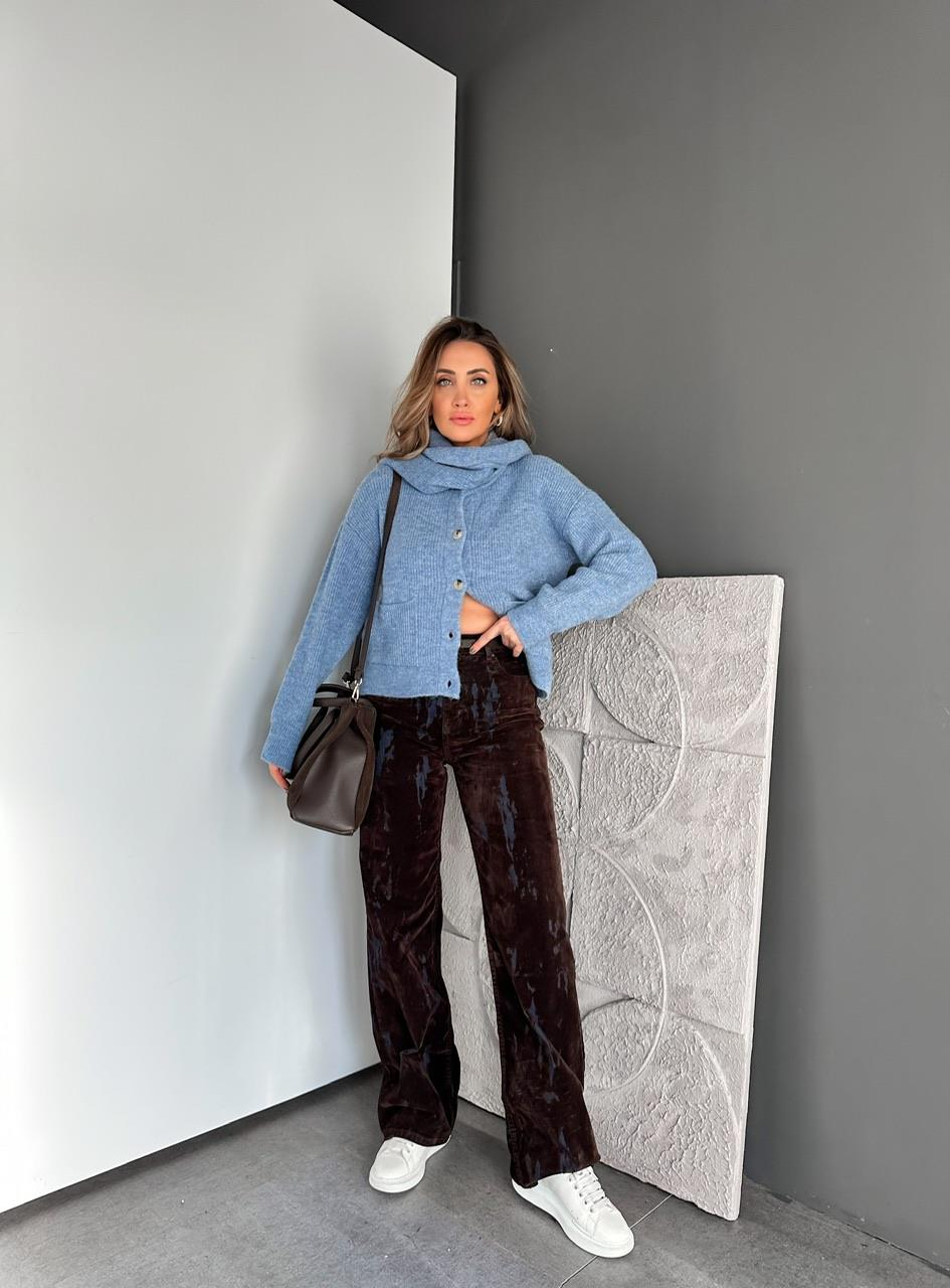 Kahve Batik Desen Likralı Süet Pantolon