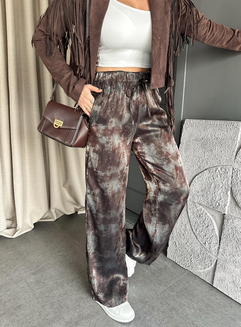 Kahve Batik Desen Saten Pantolon