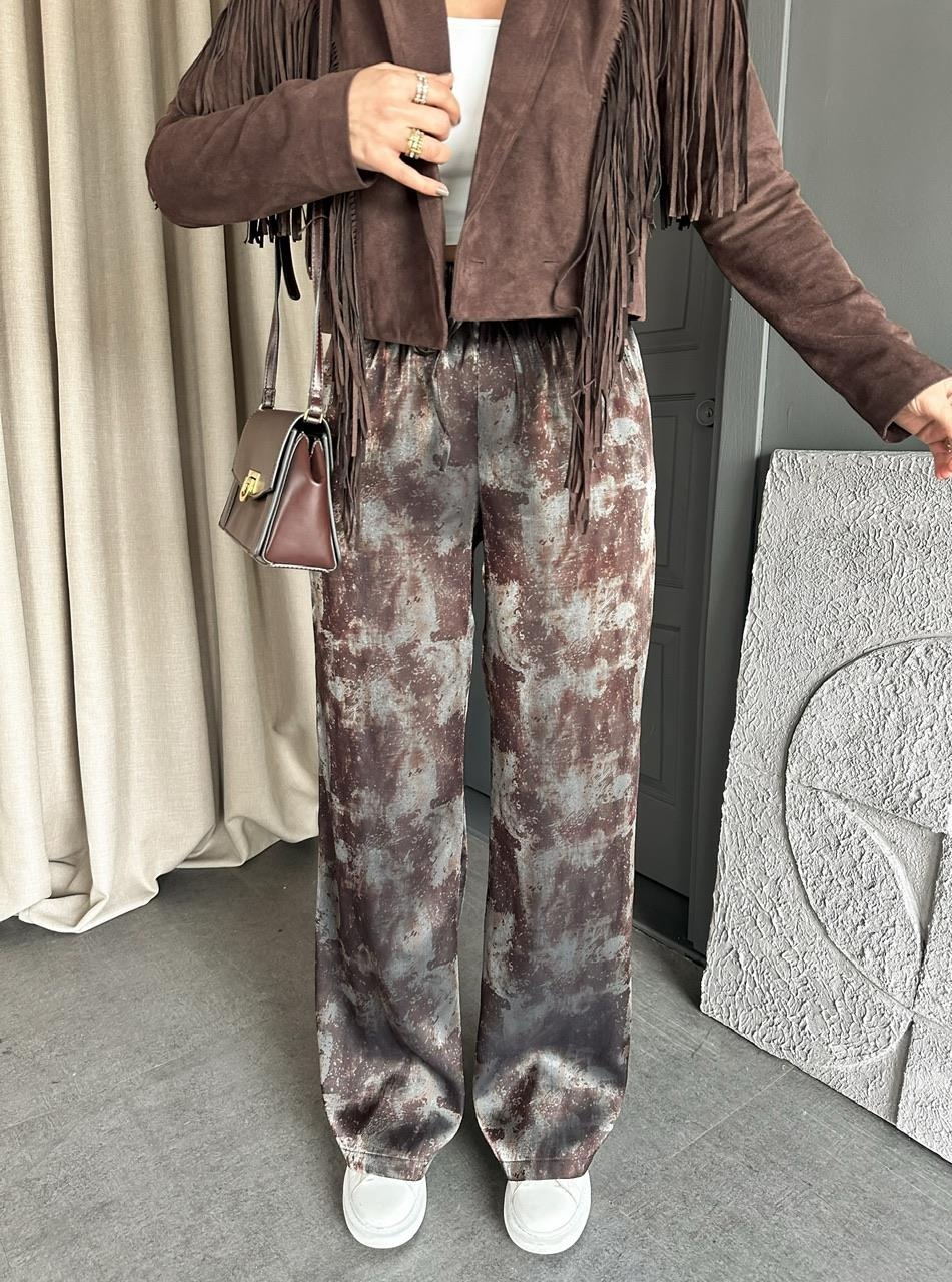 Kahve Batik Desen Saten Pantolon